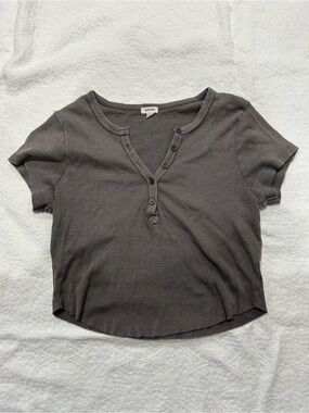 Garage Charcoal Ribbed Crop Henley Top